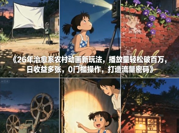 26年治愈系农村动画新玩法，播放量轻松破百万，日收益多张，0门槛操作，打造流量密码-靠谱项目库