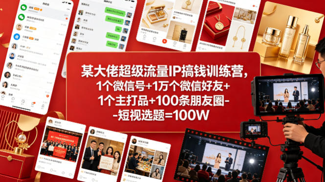 某大佬超级流量IP搞钱训练营，1个微信号+1万个微信好友+1个主打品+100条朋友圈-短视选题=100W-靠谱项目库