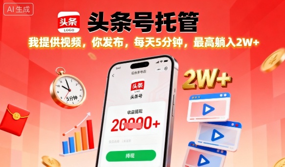 【头条号托管】我提供视频，你发布，每天5分钟，最高躺入2W+【揭秘】-靠谱项目库