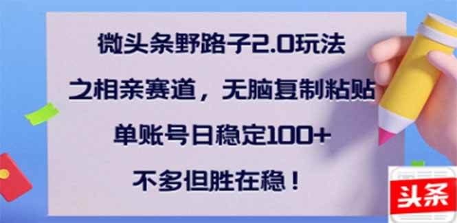 （14334期）微头条野路子2.0玩法之相亲赛道，无脑搬砖复制粘贴，单账号日稳定300+...-靠谱项目库