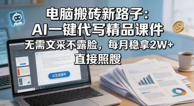 电脑搬砖新路子：AI一键代写精品课件，无需文采不露脸，每月稳拿2W+，直接照搬-靠谱项目库