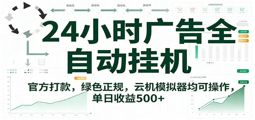 24小时广告全自动挂机，官方打款，绿色正规，云机模拟器均可操作，单日收益500+-靠谱项目库