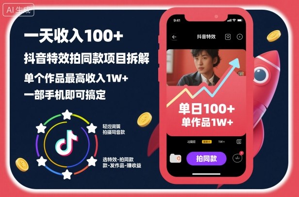 一天收入100+，抖音特效拍同款项目拆解，单个作品最高收入1W+，一部手机即可搞定-靠谱项目库