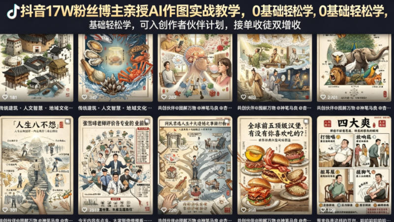 抖音17W粉丝博主亲授AI作图实战教学，0基础轻松学，可入创作者伙伴计划，接单收徒双增收-靠谱项目库