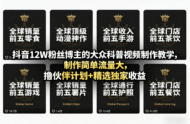 抖音12W粉丝博主的大众科普视频制作教学，制作简单流量大，撸伙伴计划+精选独家收益-靠谱项目库