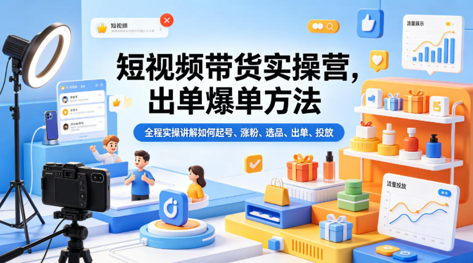 短视频带货实操营，出单爆单方法，全程实操讲解如何起号、涨粉、选品、出单、投放-靠谱项目库
