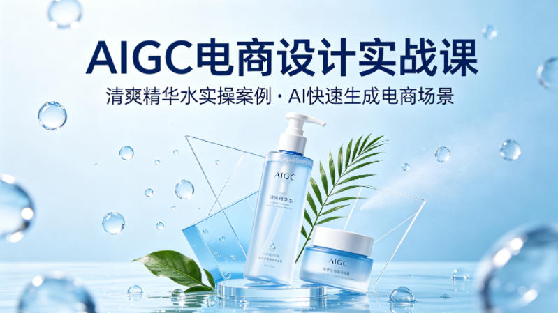 AIGC电商设计实战课，以清爽精华水为实操案例，教你用AI快速生成电商场景-靠谱项目库