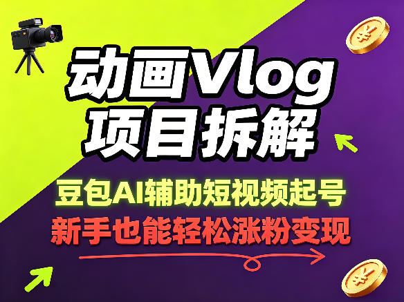 动画Vlog项目拆解，豆包AI辅助短视频起号，新手也能轻松涨粉，43条作品涨粉8.3W-靠谱项目库