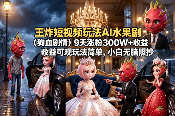 王炸短视频玩法AI水果剧（狗血剧情）9天涨粉300W+收益可观玩法简单，小白无脑照抄，详细拆解玩法-靠谱项目库