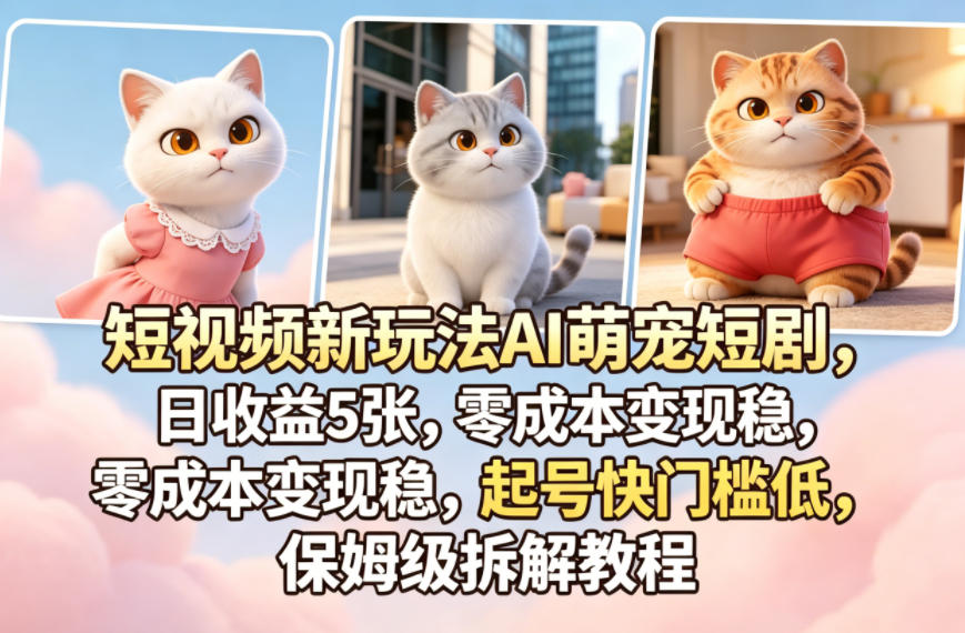 短视频新玩法AI萌宠短剧，日收益5张，零成本变现稳，起号快门槛低，保姆级拆解教程-靠谱项目库